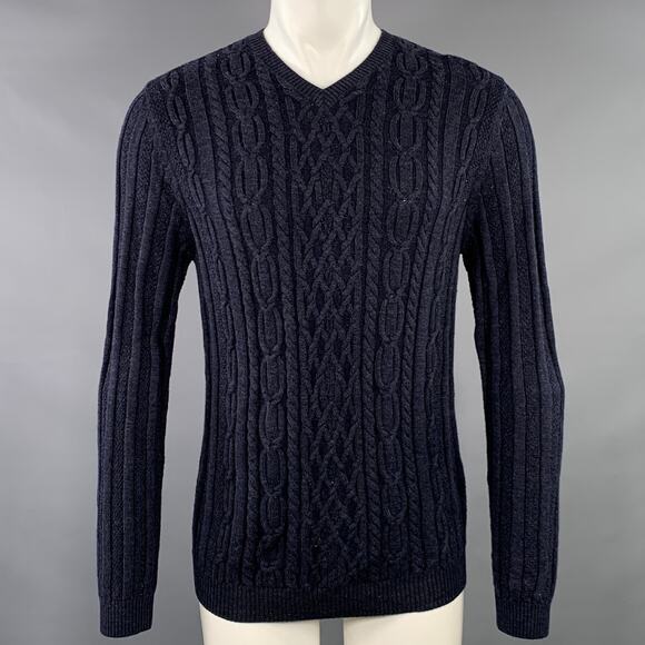 LENOR ROMANO Size M Navy Cable Knit Merino Wool V-Neck Pullover - Picture 1 of 6